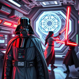A vibrant and dynamic Star Wars scene featuring Darth Vader, a female scientist in a futuristic lab coat, intricate designs of a laser weapon displayed on a holographic screen, and in the background, a Jedi in an intense duel