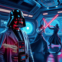A vibrant and dynamic Star Wars scene featuring Darth Vader, a female scientist in a futuristic lab coat, intricate designs of a laser weapon displayed on a holographic screen, and in the background, a Jedi in an intense duel