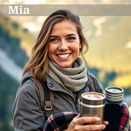 A lively portrait of a 34-year-old woman named Mia, representing her adventurous spirit alongside her love for cozy nights in