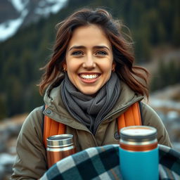A lively portrait of a 34-year-old woman named Mia, representing her adventurous spirit alongside her love for cozy nights in