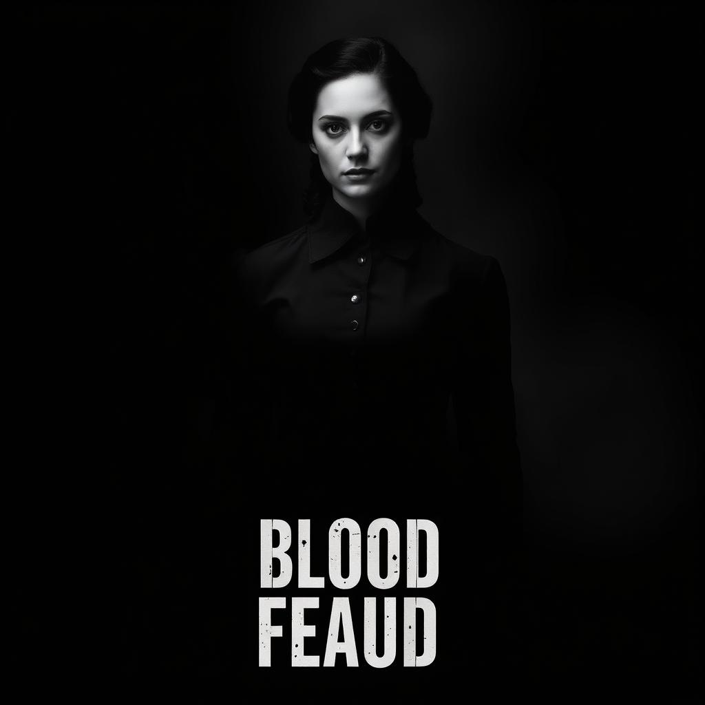 A minimalistic poster for the film 'Blood Feud' featuring a black and white image of a woman in vintage clothing, conveying a somber and dramatic tone