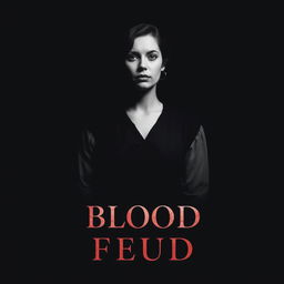 A minimalistic poster for the film 'Blood Feud' featuring a black and white image of a woman in vintage clothing, conveying a somber and dramatic tone