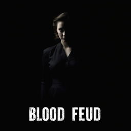 A minimalistic poster for the film 'Blood Feud' featuring a black and white image of a woman in vintage clothing, conveying a somber and dramatic tone