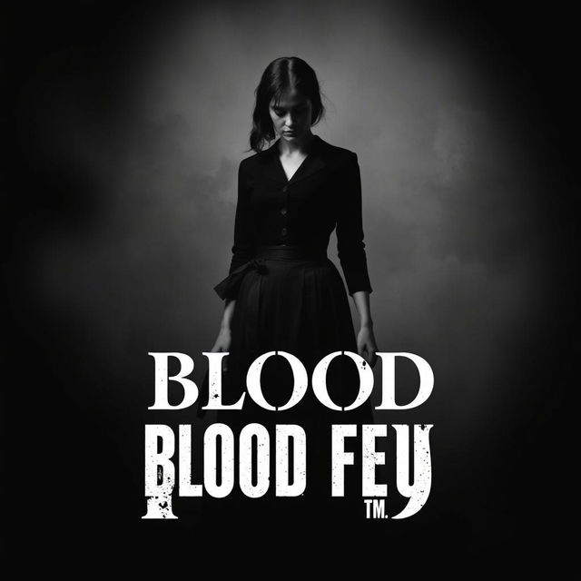 A minimalistic poster for the film 'Blood Feud' featuring a black and white image of a woman in vintage clothing, conveying a somber and dramatic tone