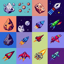 A vibrant collection of retro pixel art inspired by classic Atari games, featuring colorful and dynamic depictions of asteroids and various unique spaceship designs