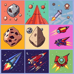 A vibrant collection of retro pixel art inspired by classic Atari games, featuring colorful and dynamic depictions of asteroids and various unique spaceship designs