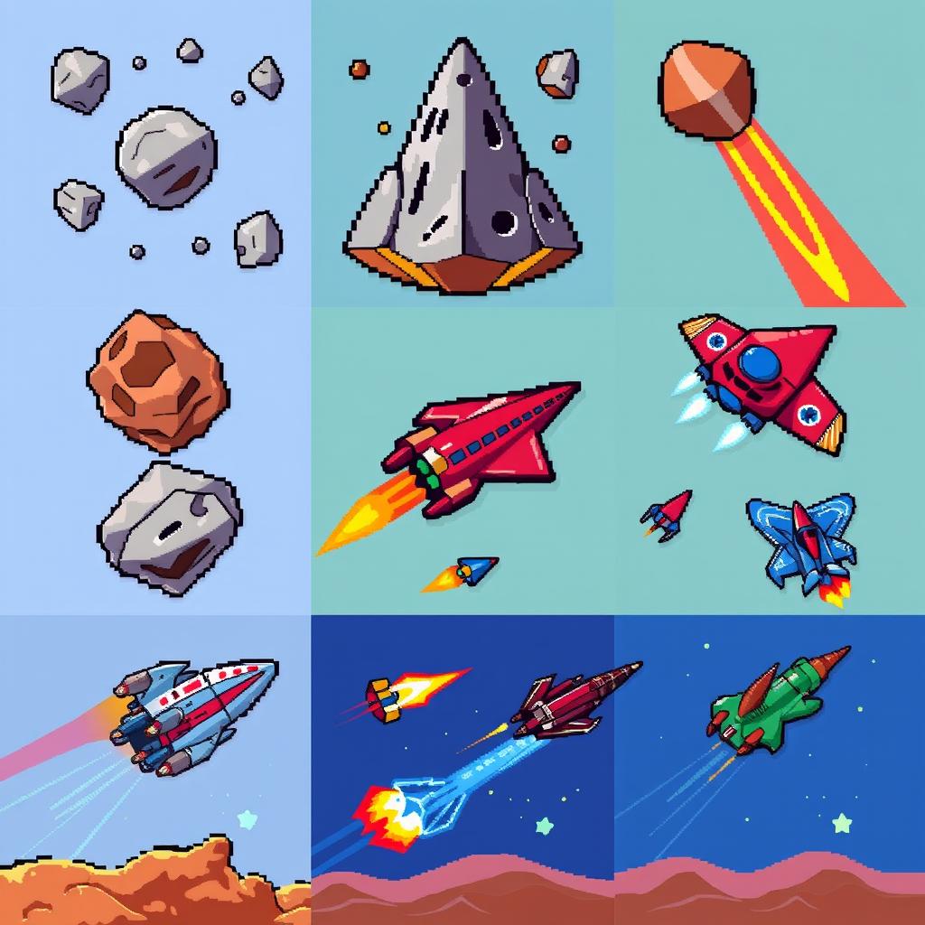 A vibrant collection of retro pixel art inspired by classic Atari games, featuring colorful and dynamic depictions of asteroids and various unique spaceship designs