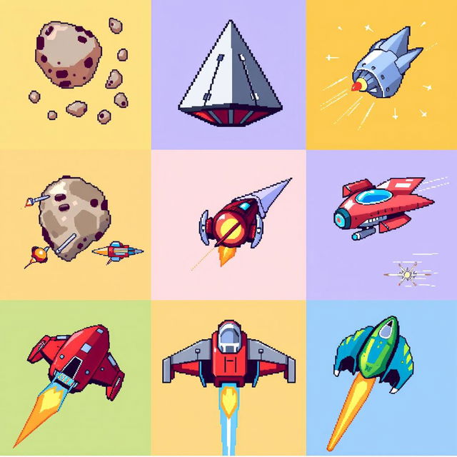 A vibrant collection of retro pixel art inspired by classic Atari games, featuring colorful and dynamic depictions of asteroids and various unique spaceship designs