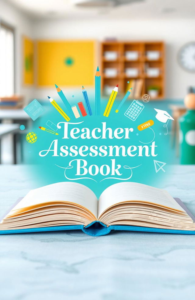 A beautifully designed book cover for a teacher assessment book, featuring a vibrant, inviting color palette including blues and greens to convey a sense of growth and learning