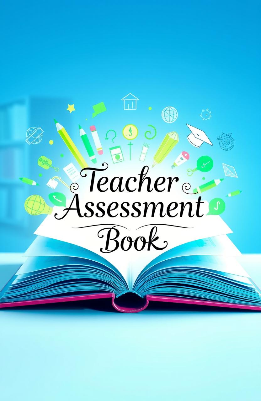 A beautifully designed book cover for a teacher assessment book, featuring a vibrant, inviting color palette including blues and greens to convey a sense of growth and learning