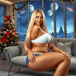 A beautiful 55-year-old Venezuelan MILF with long straight blonde hair, sitting on a sofa in a futuristic living room adorned with Christmas decorations