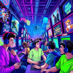 A vibrant and dynamic digital artwork depicting a futuristic gaming world filled with an assortment of gaming consoles, vibrant neon lights, and fans immersed in their gaming experiences