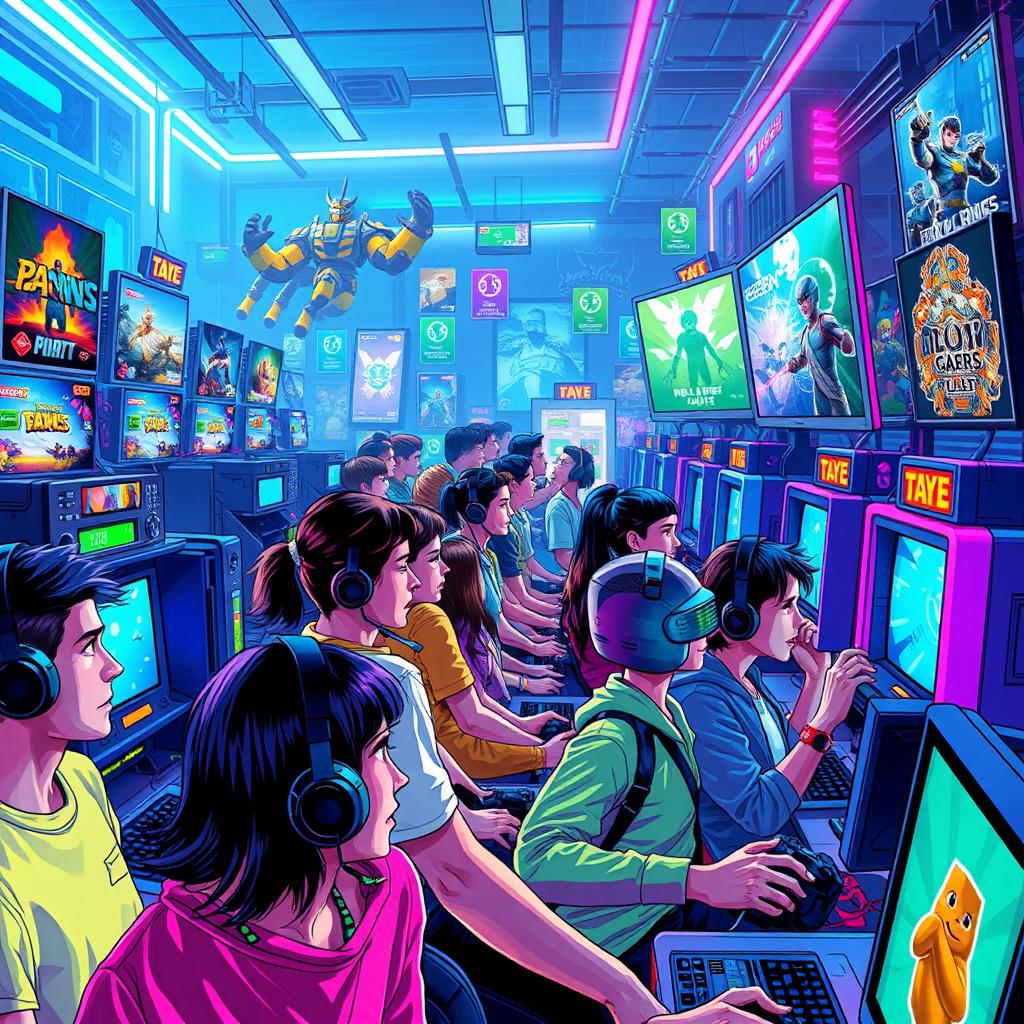 A vibrant and dynamic digital artwork depicting a futuristic gaming world filled with an assortment of gaming consoles, vibrant neon lights, and fans immersed in their gaming experiences