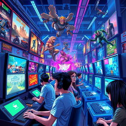 A vibrant and dynamic digital artwork depicting a futuristic gaming world filled with an assortment of gaming consoles, vibrant neon lights, and fans immersed in their gaming experiences