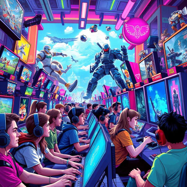 A vibrant and dynamic digital artwork depicting a futuristic gaming world filled with an assortment of gaming consoles, vibrant neon lights, and fans immersed in their gaming experiences