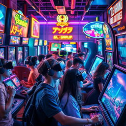 A vibrant, dynamic scene depicting a futuristic arcade filled with neon lights and state-of-the-art gaming machines