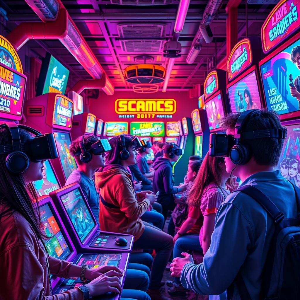 A vibrant, dynamic scene depicting a futuristic arcade filled with neon lights and state-of-the-art gaming machines