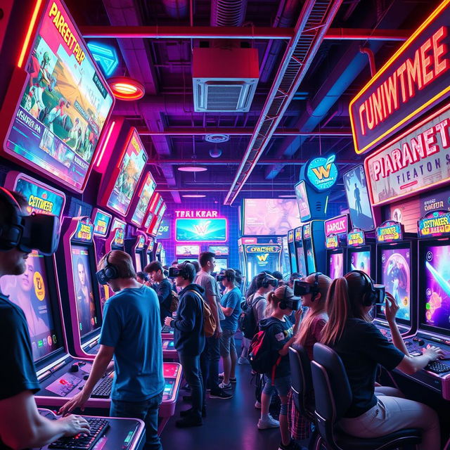 A vibrant, dynamic scene depicting a futuristic arcade filled with neon lights and state-of-the-art gaming machines