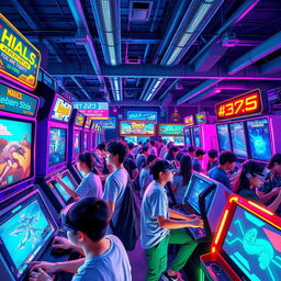 A vibrant, dynamic scene depicting a futuristic arcade filled with neon lights and state-of-the-art gaming machines