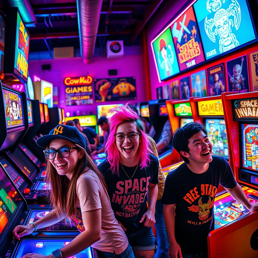 A vibrant and energetic scene showcasing a retro-inspired arcade filled with colorful neon lights
