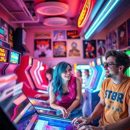 A vibrant and energetic scene showcasing a retro-inspired arcade filled with colorful neon lights