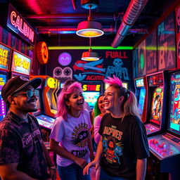 A vibrant and energetic scene showcasing a retro-inspired arcade filled with colorful neon lights