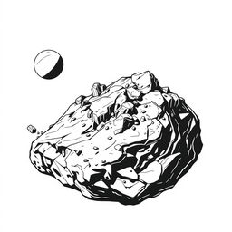 A retro style black and white 2D vector line art depicting an asteroid terrain, featuring rugged landscapes with craters, sharp rocks, and sprawling surfaces