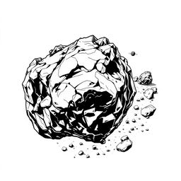 A retro style black and white 2D vector line art depicting an asteroid terrain, featuring rugged landscapes with craters, sharp rocks, and sprawling surfaces