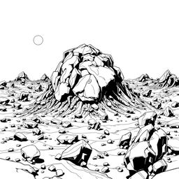 A retro style black and white 2D vector line art depicting an asteroid terrain, featuring rugged landscapes with craters, sharp rocks, and sprawling surfaces