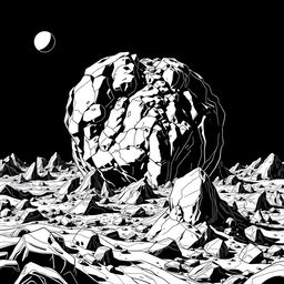 A retro style black and white 2D vector line art depicting an asteroid terrain, featuring rugged landscapes with craters, sharp rocks, and sprawling surfaces