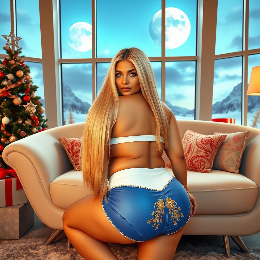 A gorgeous 55-year-old Venezuelan MILF with long straight blonde hair, seated on a sofa in a stylish futuristic living room decorated for Christmas