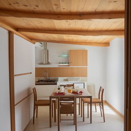 A 10ft x 10ft Airbnb room with an attached kitchen, featuring a small dining table with chairs for four people