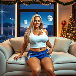 A stunning 55-year-old Venezuelan MILF with long straight blonde hair, seated on a sofa in a futuristic living room beautifully decorated for Christmas