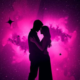 A stunning pink and black galaxy scene filled with twinkling stars and swirling cosmic clouds