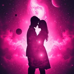 A stunning pink and black galaxy scene filled with twinkling stars and swirling cosmic clouds