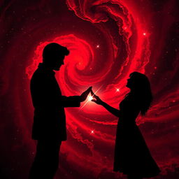 A breathtaking scene depicting a red and black galaxy swirling in the background, representing the depths of space