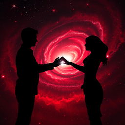 A breathtaking scene depicting a red and black galaxy swirling in the background, representing the depths of space