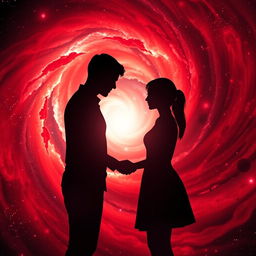 A breathtaking scene depicting a red and black galaxy swirling in the background, representing the depths of space
