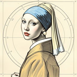 A transformation of the painting 'Girl with a Pearl Earring' depicted in the sketch style reminiscent of Leonardo da Vinci's 'Vitruvian Man'