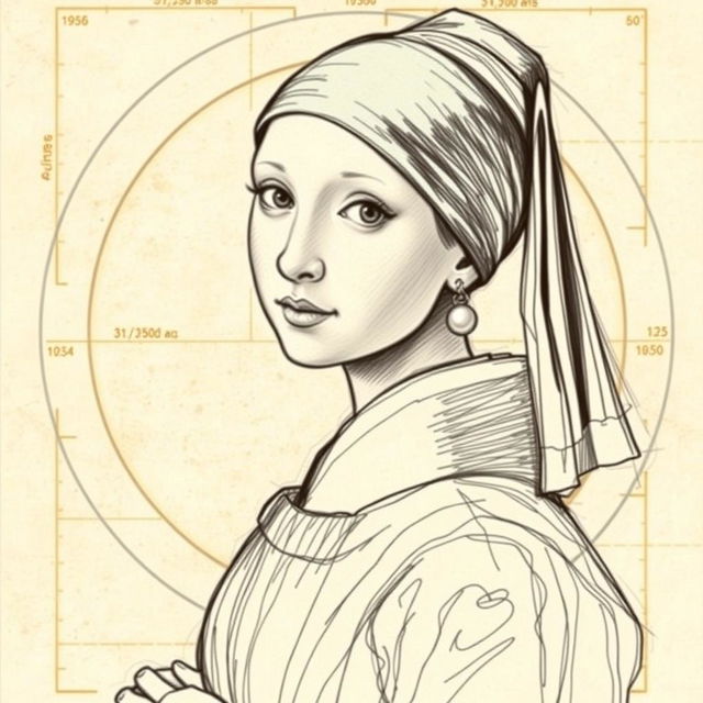 A transformation of the painting 'Girl with a Pearl Earring' depicted in the sketch style reminiscent of Leonardo da Vinci's 'Vitruvian Man'