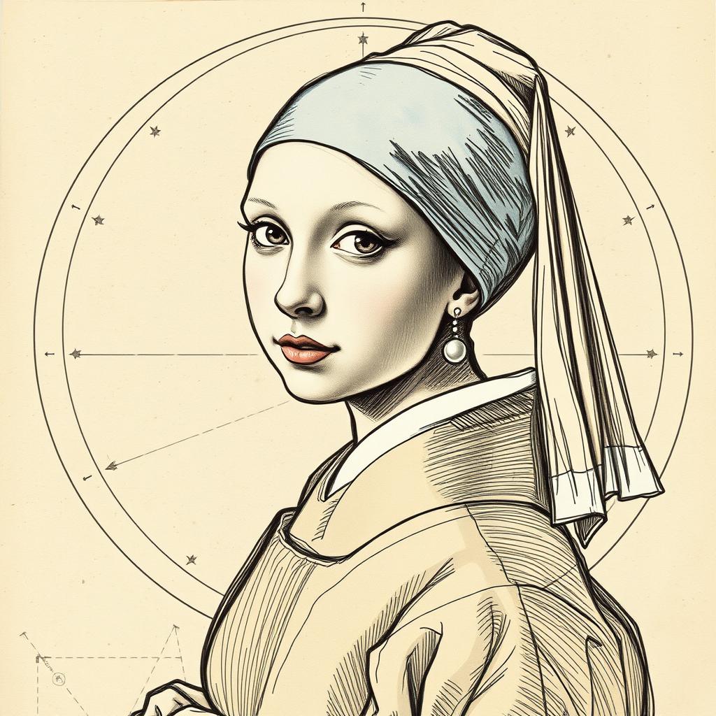 A transformation of the painting 'Girl with a Pearl Earring' depicted in the sketch style reminiscent of Leonardo da Vinci's 'Vitruvian Man'