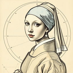 A transformation of the painting 'Girl with a Pearl Earring' depicted in the sketch style reminiscent of Leonardo da Vinci's 'Vitruvian Man'