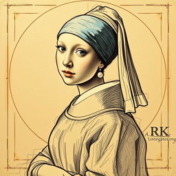 A transformation of the painting 'Girl with a Pearl Earring' depicted in the sketch style reminiscent of Leonardo da Vinci's 'Vitruvian Man'