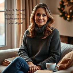 A heartfelt portrait of a 43-year-old woman named Abigail, expressing her belief in steady, warm, and true love
