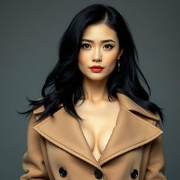 A sensual-looking 45-year-old woman with pale skin and black hair, featuring a natural face without makeup, embodying Japanese appearance