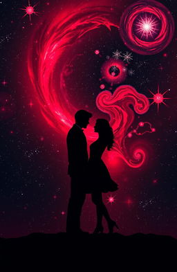 A mesmerizing black and red galaxy backdrop with swirling cosmic elements, featuring a couple silhouetted against the vibrant colors