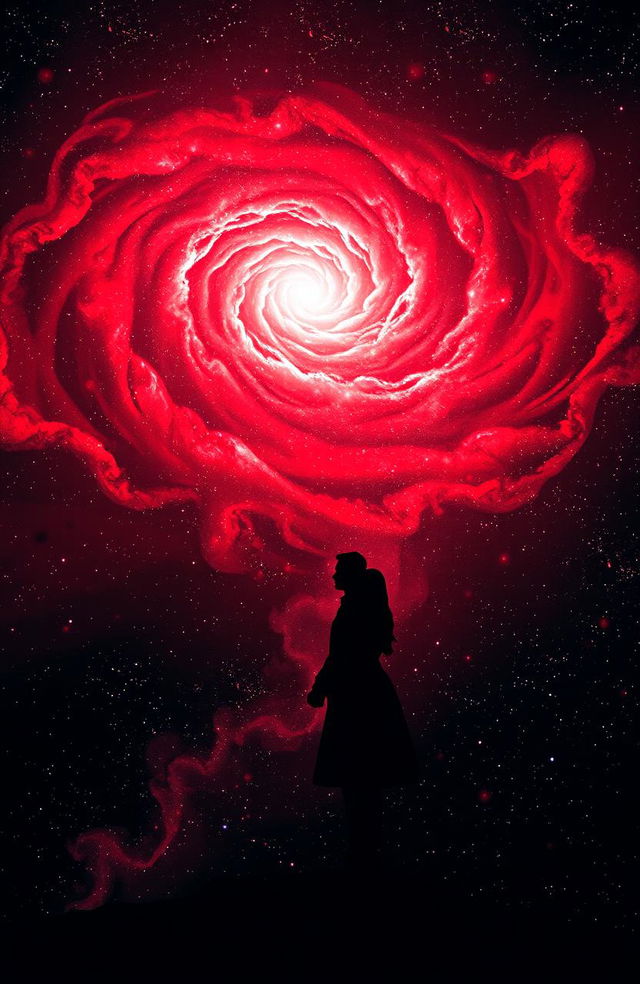 A mesmerizing black and red galaxy backdrop with swirling cosmic elements, featuring a couple silhouetted against the vibrant colors