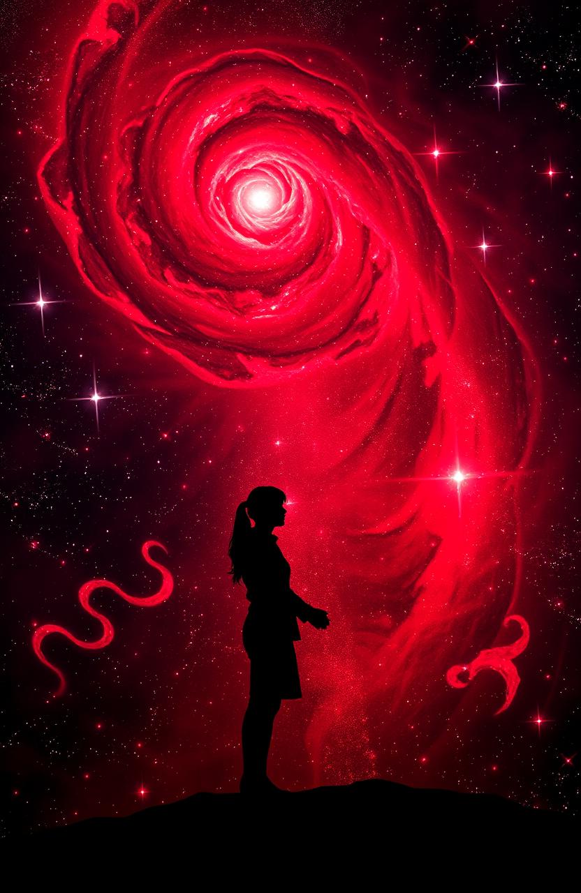 A mesmerizing black and red galaxy backdrop with swirling cosmic elements, featuring a couple silhouetted against the vibrant colors