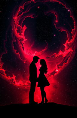 A mesmerizing black and red galaxy backdrop with swirling cosmic elements, featuring a couple silhouetted against the vibrant colors