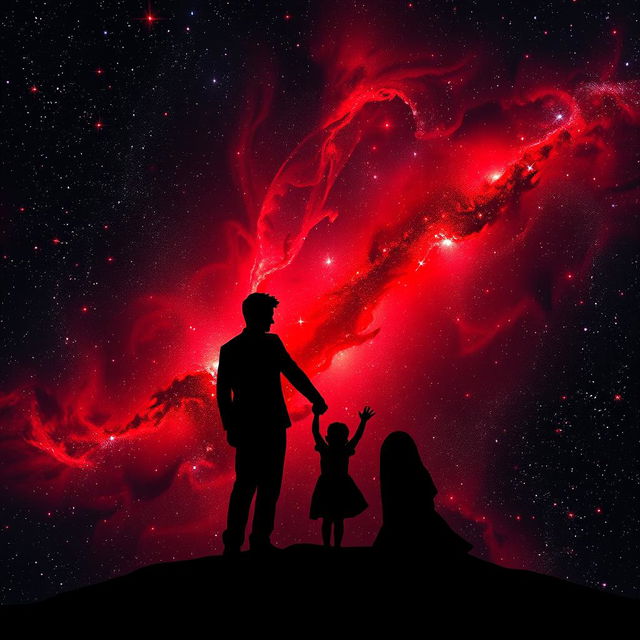 A breathtaking black and red galaxy backdrop filled with swirling galaxies and twinkling stars, featuring a male and female silhouette joining hands with a child between them, symbolizing family unity